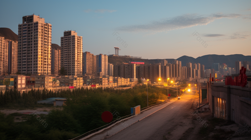 黄昏下的繁华的城市和路灯下的马路,高清,摄影图,摄影图片,图片大全,摄影图免费下载